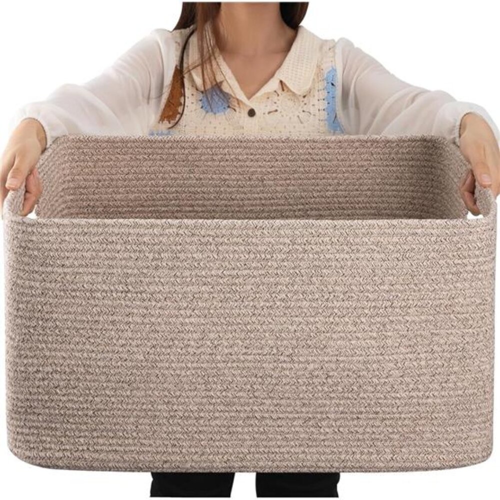 75L Large Blanket Basket, Woven Blanket Storage Basket with Handle